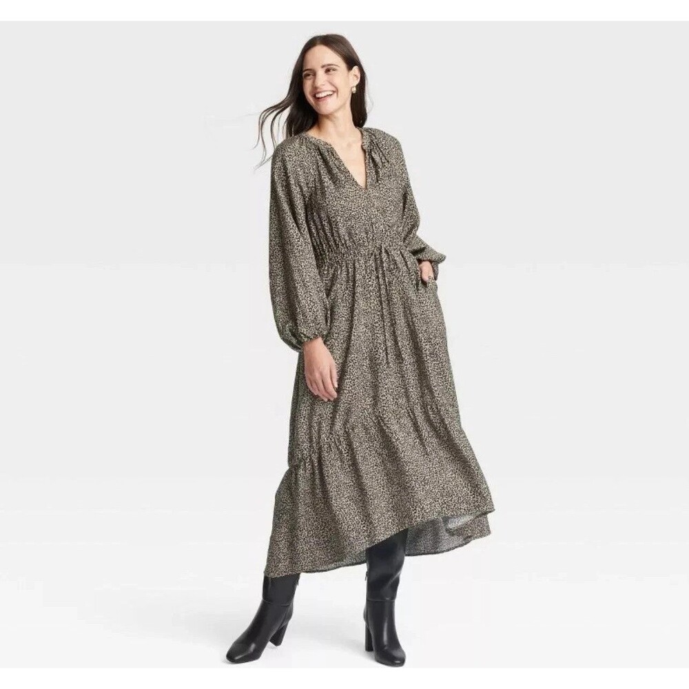 Women's Balloon Long Sleeve Tiered Midi Dress - A New Day Brown Leopard Print XS